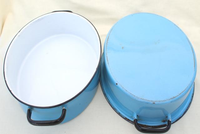 vintage blue enamelware roasting pan, big old turkey roaster w/ enamel tray insert