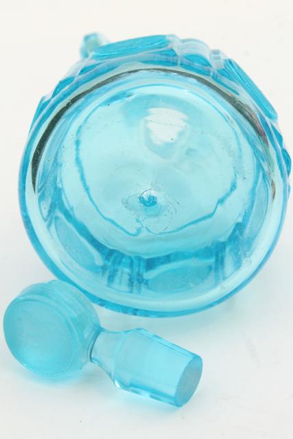 vintage blue glass Fostoria coin glass cruet bottle, pitcher & stopper