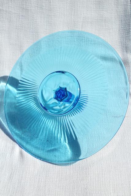 vintage blue glass cake plate or sandwich tray, serving plate w/ center handle