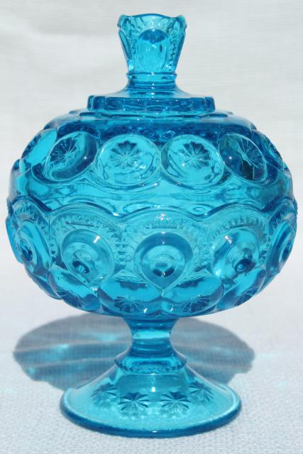 vintage blue glass candy dish compote, moon and stars pattern LE Smith glass