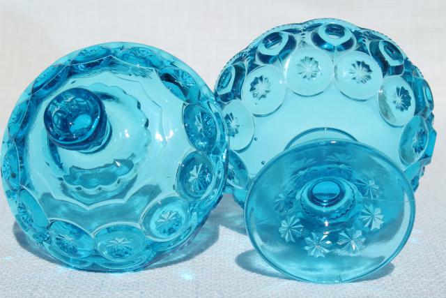 vintage blue glass candy dish compote, moon and stars pattern LE Smith glass