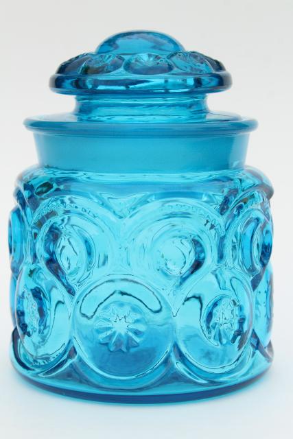 vintage blue glass canister jar, moon and stars pattern pressed glass