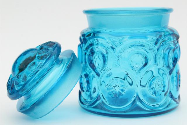 vintage blue glass canister jar, moon and stars pattern pressed glass