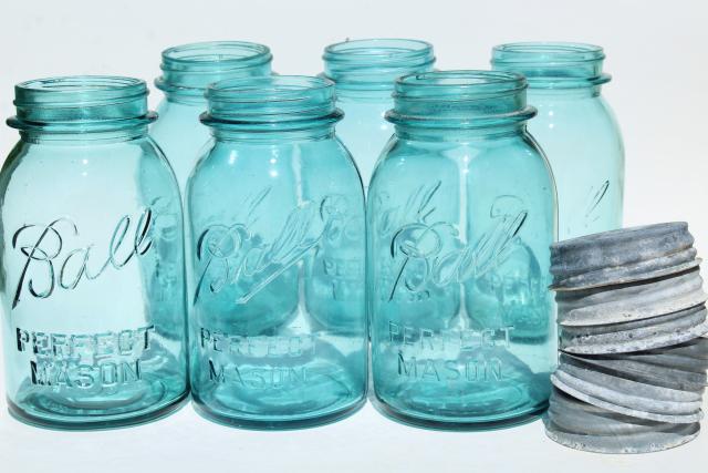 vintage blue glass canning jars w/ zinc lids, Ball Perfect Mason jars 