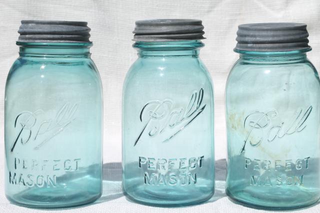 vintage blue glass canning jars w/ zinc lids, Ball Perfect Mason jars
