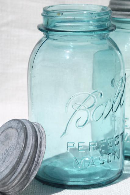 vintage blue glass canning jars w/ zinc lids, Ball Perfect Mason jars