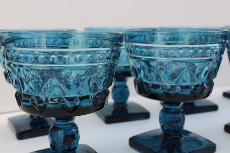 vintage blue glass champagne glasses, chunky pressed glass goblets Colony Park Lane pattern