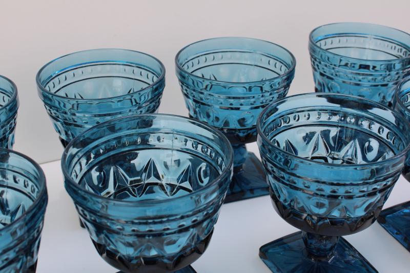 vintage blue glass champagne glasses, chunky pressed glass goblets Colony Park Lane pattern