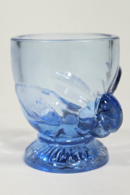 vintage blue glass eggcups, Easter egg cups w/ chick & bunny rabbit