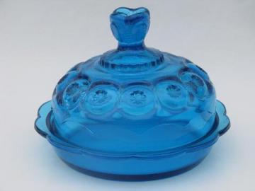 vintage blue glass moon & star round covered butter dish or cheese plate