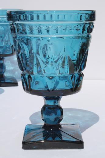 vintage blue glass water glasses or wine goblets, Park Lane Colony / Indiana glass