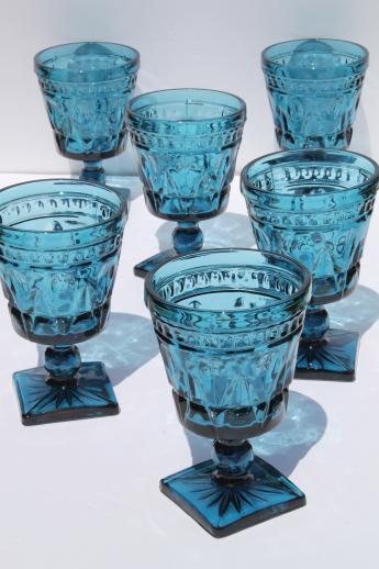 vintage blue glass water glasses or wine goblets, Park Lane Colony / Indiana glass