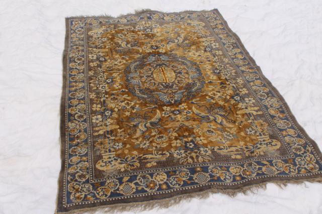 vintage blue & gold rayon / cotton carpet rug w/ oriental cranes or pheasants, shabby gypsy style 