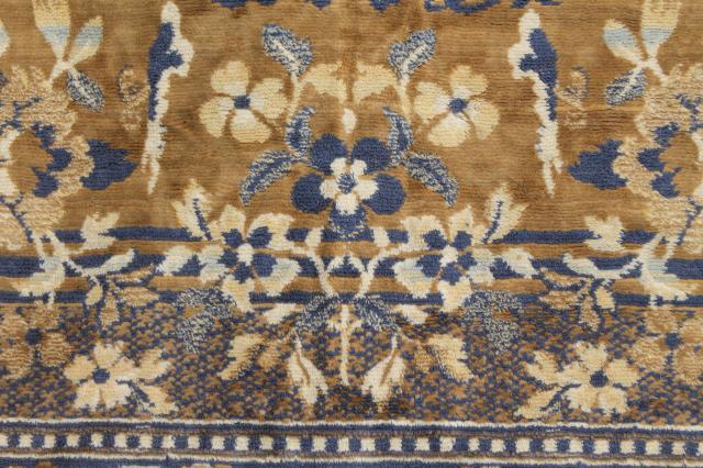 vintage blue & gold rayon / cotton carpet rug w/ oriental cranes or pheasants, shabby gypsy style 