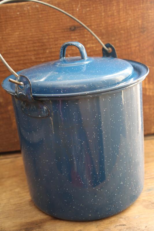 vintage blue graniteware enamel camp cooking kettle, chuck wagon stockpot w/ wire handle