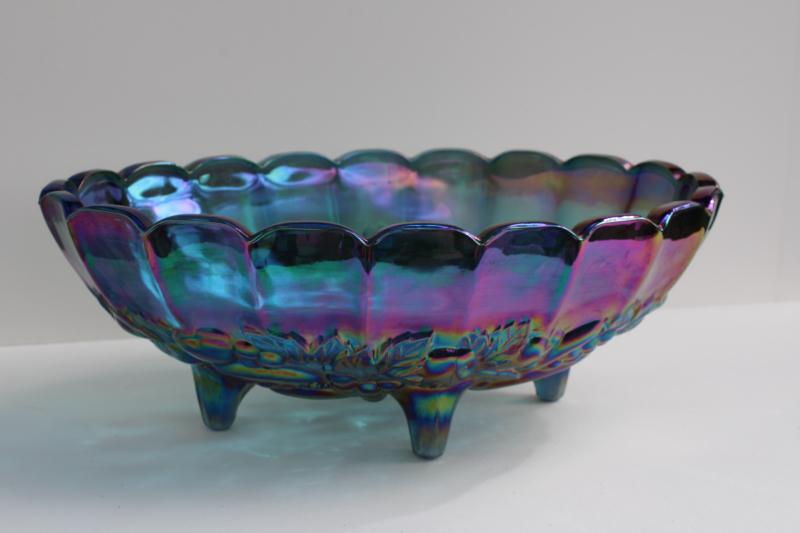 vintage blue iridescent carnival glass, Indiana fruit garland footed oval bowl