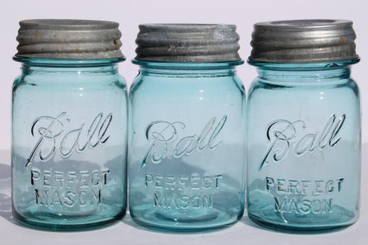 vintage blue mason jar, old Ball jars w/ zinc lids,  lot of 6  Perfect Mason pint jars
