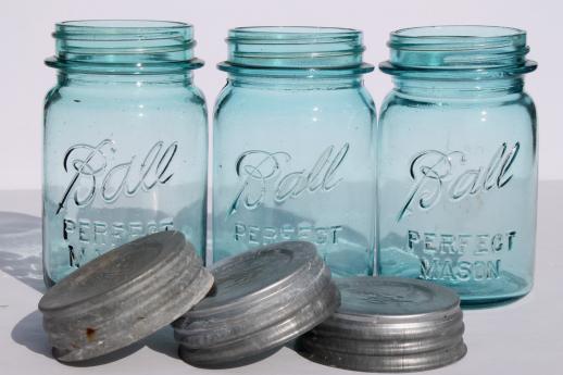vintage blue mason jar, old Ball jars w/ zinc lids,  lot of 6  Perfect Mason pint jars