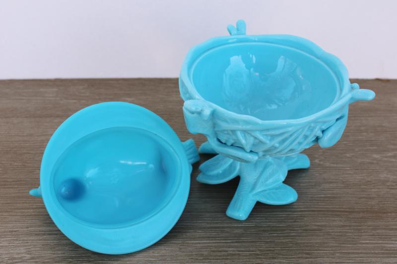 vintage blue milk glass robin on nest covered bowl, Westmoreland candy dish w/ bird