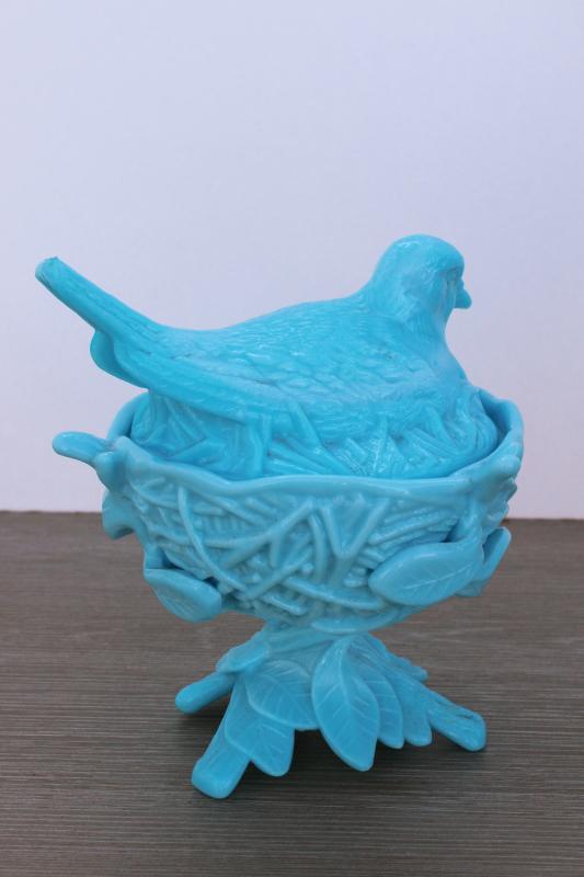 vintage blue milk glass robin on nest covered bowl, Westmoreland candy dish w/ bird