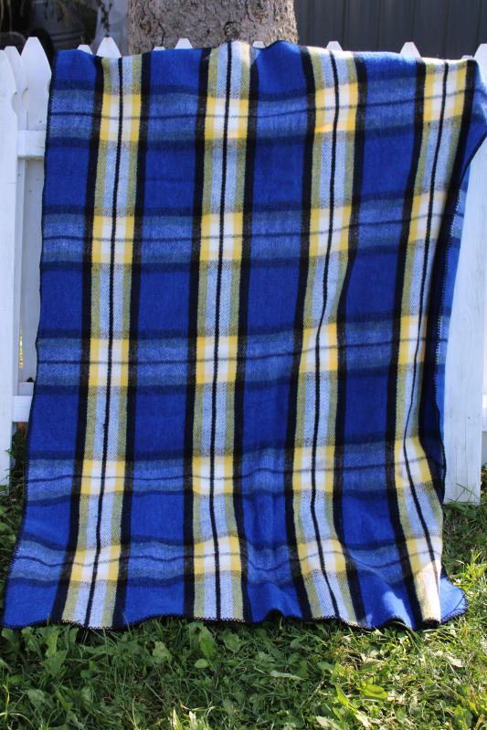 vintage blue plaid camp blanket, soft thick plush acrylic Mexican blanket