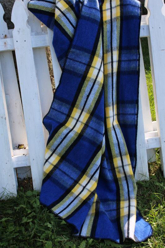 vintage blue plaid camp blanket, soft thick plush acrylic Mexican blanket