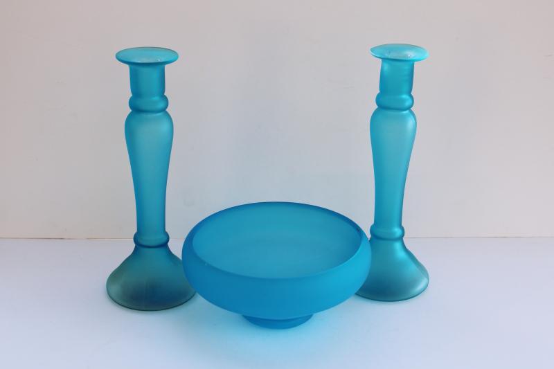 vintage blue satin frosted glass console set, art deco bowl & pair of candlesticks