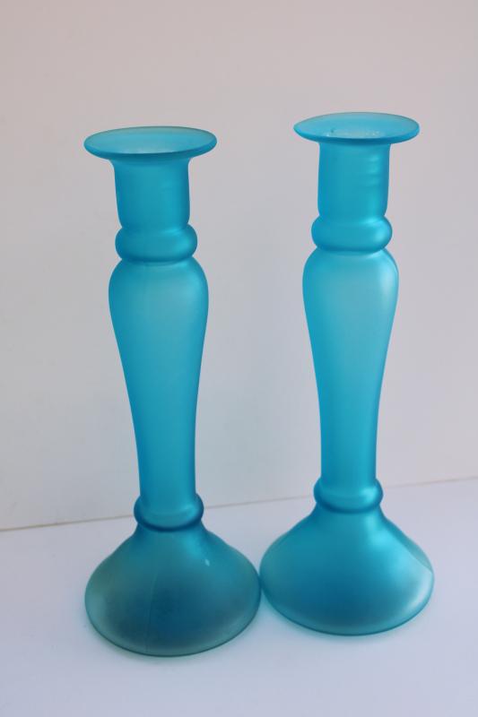vintage blue satin frosted glass console set, art deco bowl & pair of candlesticks