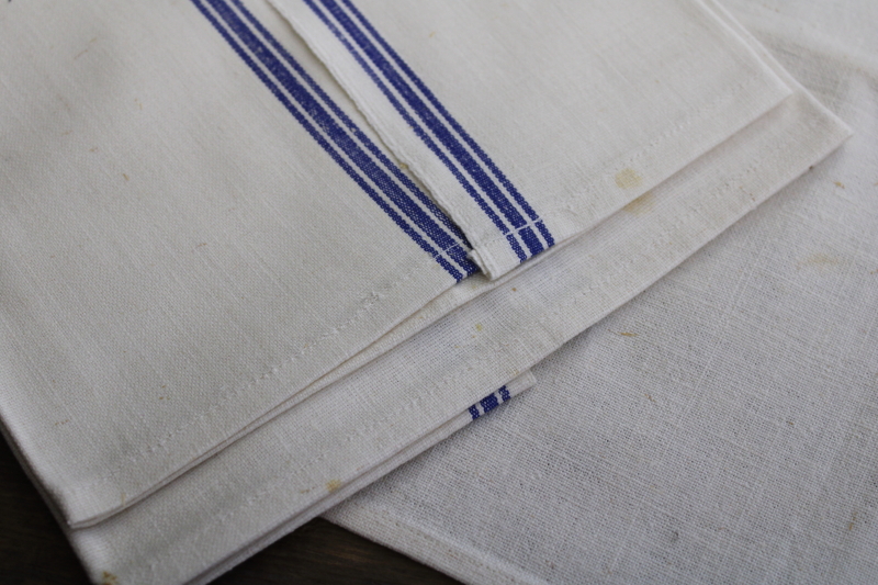 vintage blue stripe kitchen towels, cotton linen blend dish drying towels