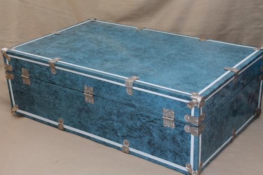 vintage blue tin train case travel luggage, hard-sided metal suitcase for storage box