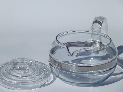vintage blue tint Pyrex glass flameware teapot w/ lid, 6 cup tea pot