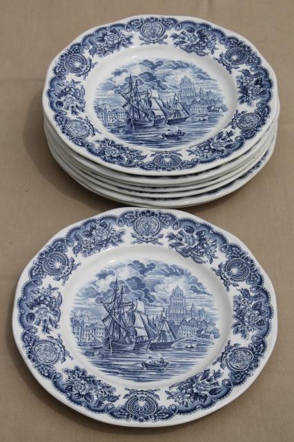 vintage blue & white Bristol Ports of England, 8 English transferware china plates