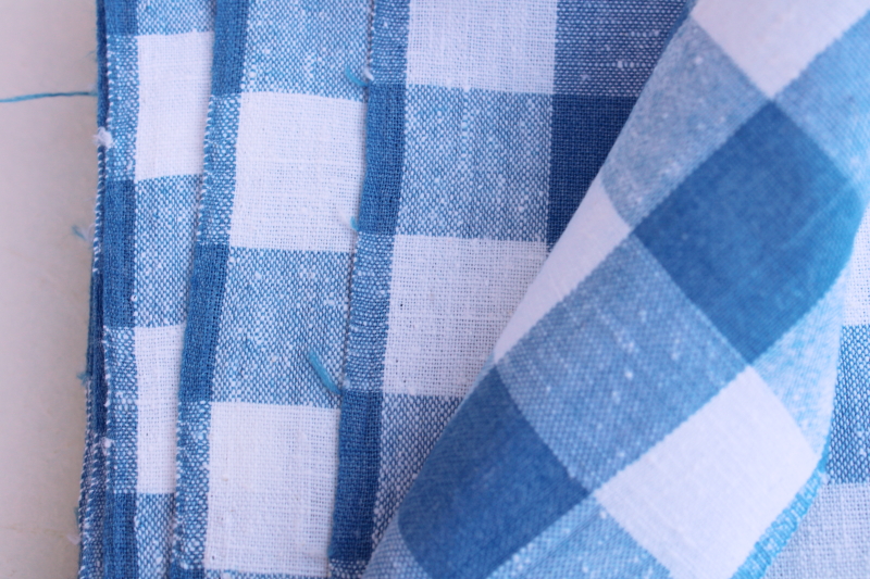 vintage blue  white checked linen weave cotton fabric for kitchen towels, linens