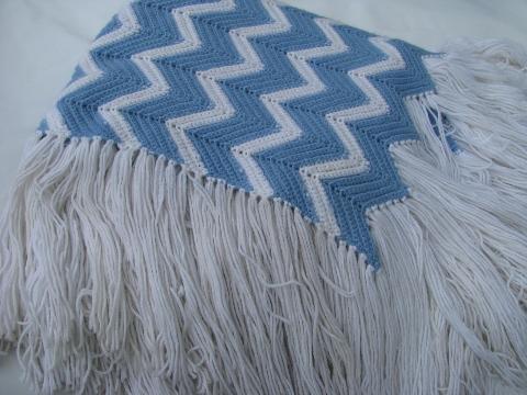 vintage blue & white chevron stripes crochet afghan, really long fringe!