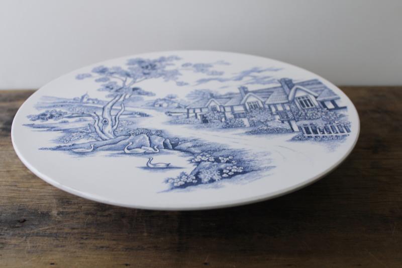 vintage blue & white china cake stand, pedestal plate Country Lane cottage scene