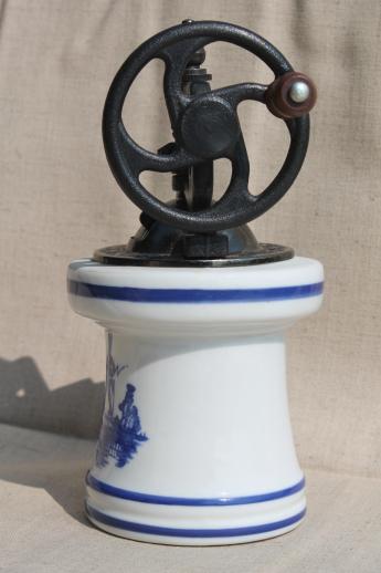 vintage blue & white china pepper grinder, old fashioned hand crank spice mill