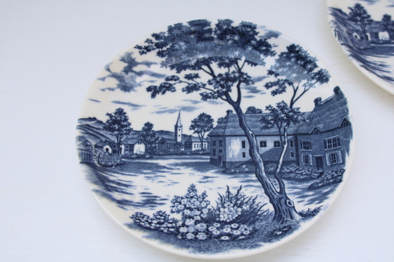 vintage blue white china plates English Village pattern made in Japan, toile style print