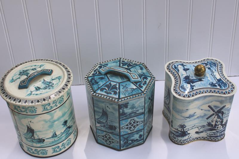 vintage blue & white delft style print metal tins, collection of tin canisters