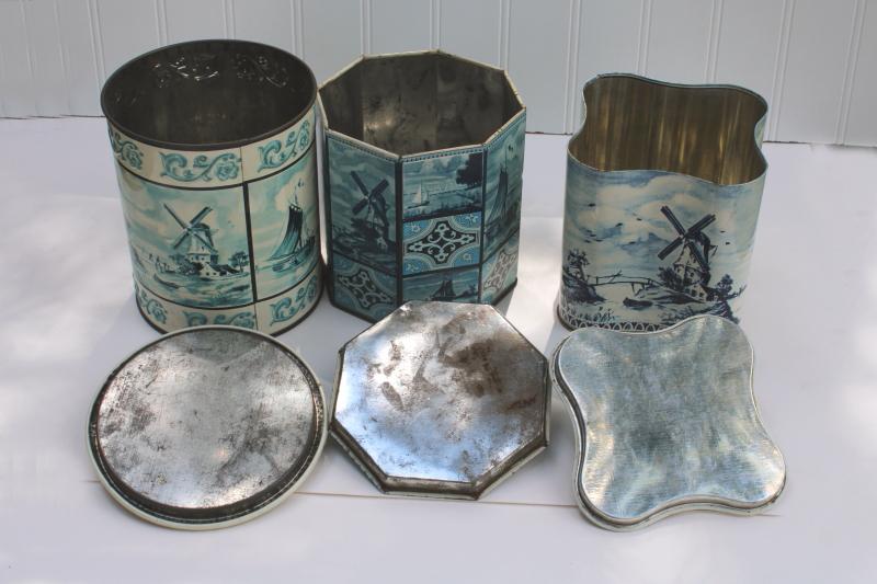vintage blue & white delft style print metal tins, collection of tin canisters