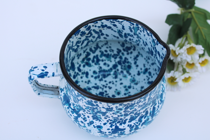 vintage blue  white enamelware pitcher, country cottage style splatterware creamer