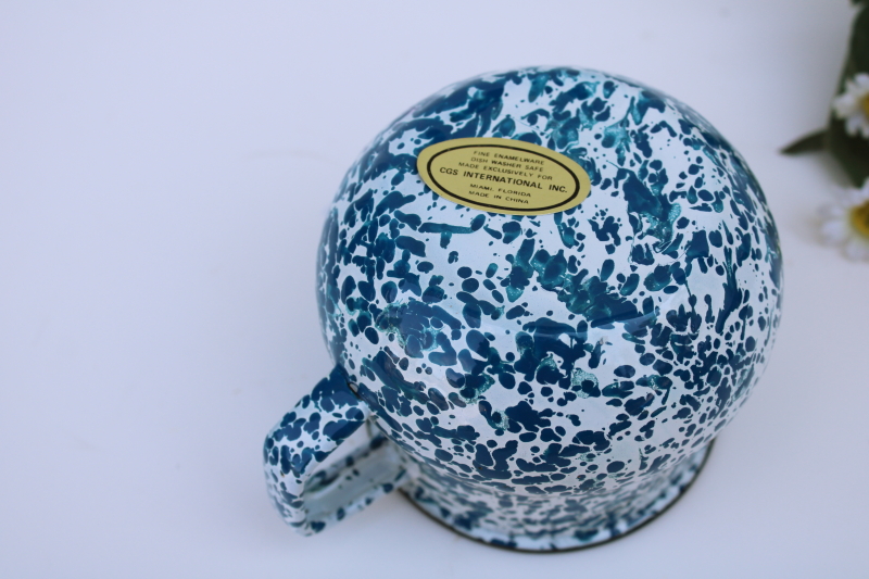 vintage blue  white enamelware pitcher, country cottage style splatterware creamer
