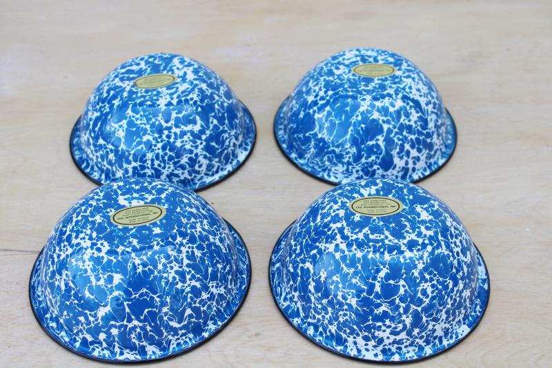 vintage blue & white splatter enamelware camp bowls, big deep stew or chili bowl set of 4 