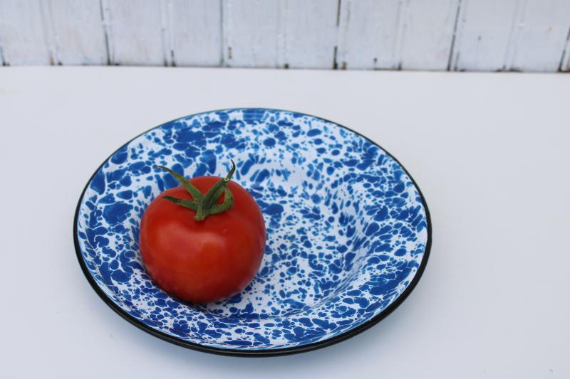 vintage blue & white splatterware enamel soup bowl rimmed plate or dish