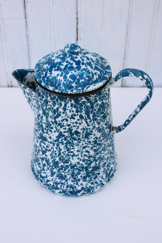 vintage blue & white splatterware enamelware coffee pot for camp or country kitchen