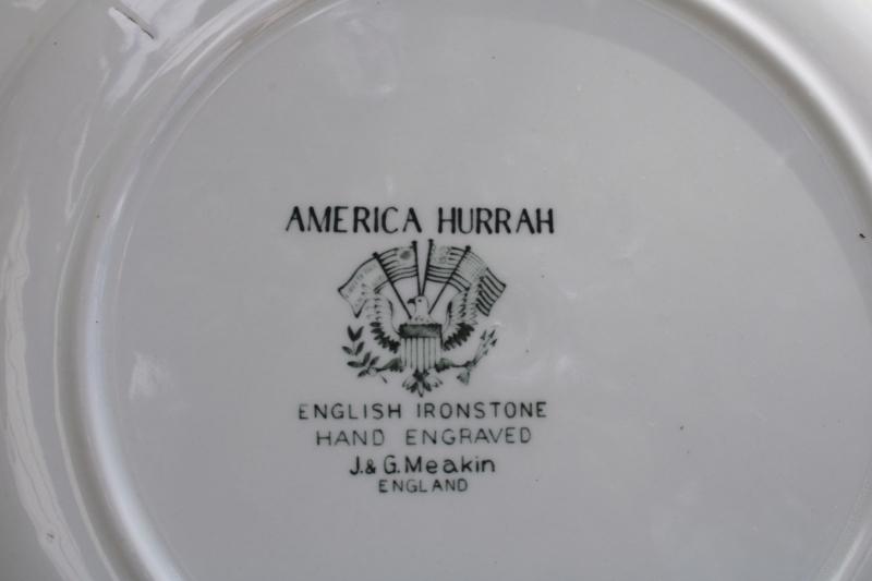 vintage blue & white transferware Thanksgiving plates Pilgrims at Plymouth America Hurrah