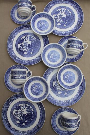 vintage blue willow china dishes, Scio pottery dinnerware set in mint condition never used