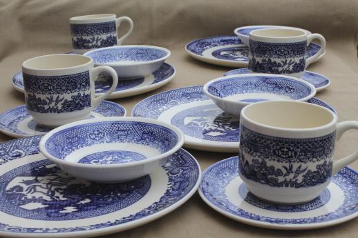 vintage blue willow china dishes, Scio pottery dinnerware set in mint condition never used