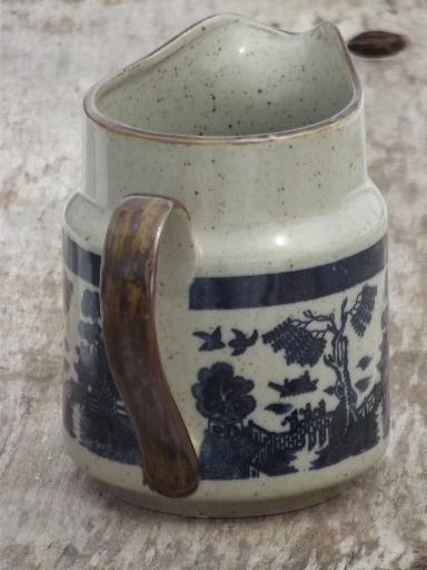 vintage blue willow stoneware  milk pitcher, blue on tan speckle pottery
