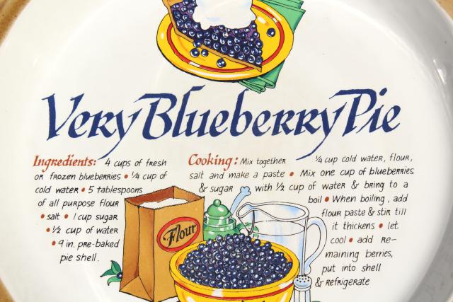 vintage blueberry pie cover, ceramic pie plate pan w/ printed recipe