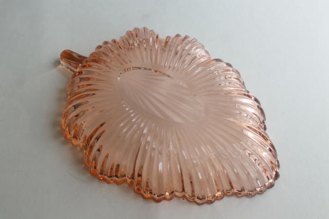 vintage blush pink depression glass candy dish, fine rib pattern leaf shaped bowl